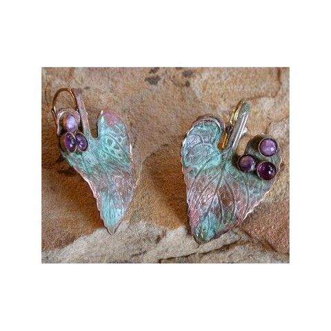 EC-014 Earrings Solid Brass Leaf with Amethyst, Charoite $72.50 at Hunter Wolff Gallery
